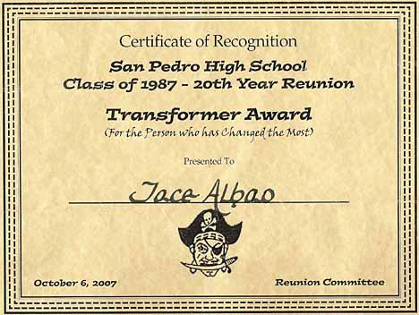 San Pedro High School Class of 1987 Transformer Award 20 Year Reunion 2007